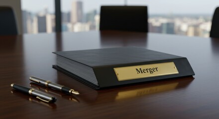 Merger agreement binder on office table with fountain pen and city skyline background representing corporate acquisition strategy and legal business documentation