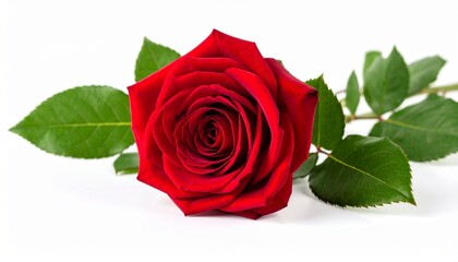 Naklejka premium Beautiful red rose with green leaves on a white isolated background close up