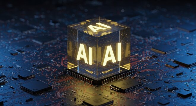 Artificial intelligence circuit board concept with glowing cube and futuristic technology for innovation and machine learning processing development data science