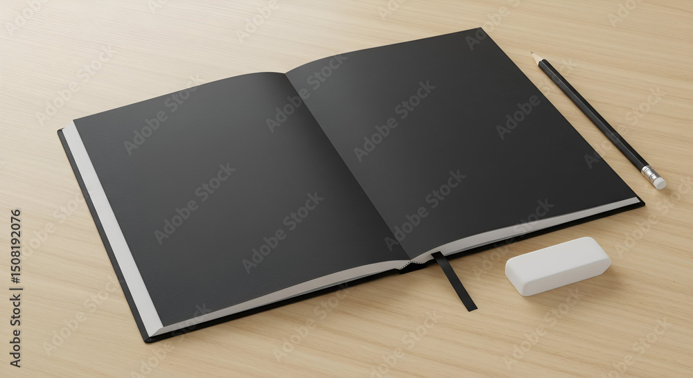 Poster black notebook open on a light-colored wooden surface with a pencil and eraser. blank pages ready fo