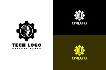 vector illustration of robot face with circuit lines inside gear, logo for artificial intelligence, mechanical, technical, database, robot, data science, machine, automation, tech, fintech, and more