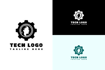 illustration of side face with hair inside gear, icon, abstract, vector, logo for robot, mechanism, technical, machine, automation, artificial intelligence, database, data center, fintech, and more