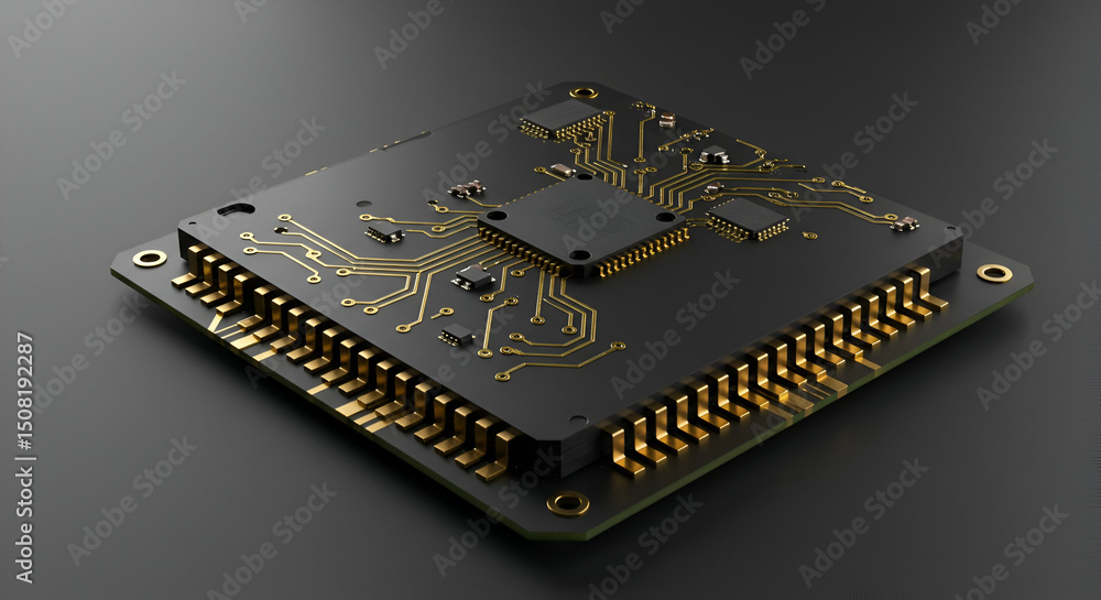 Poster advanced circuit board with intricate gold connections in a modern, technological setting. a detaile