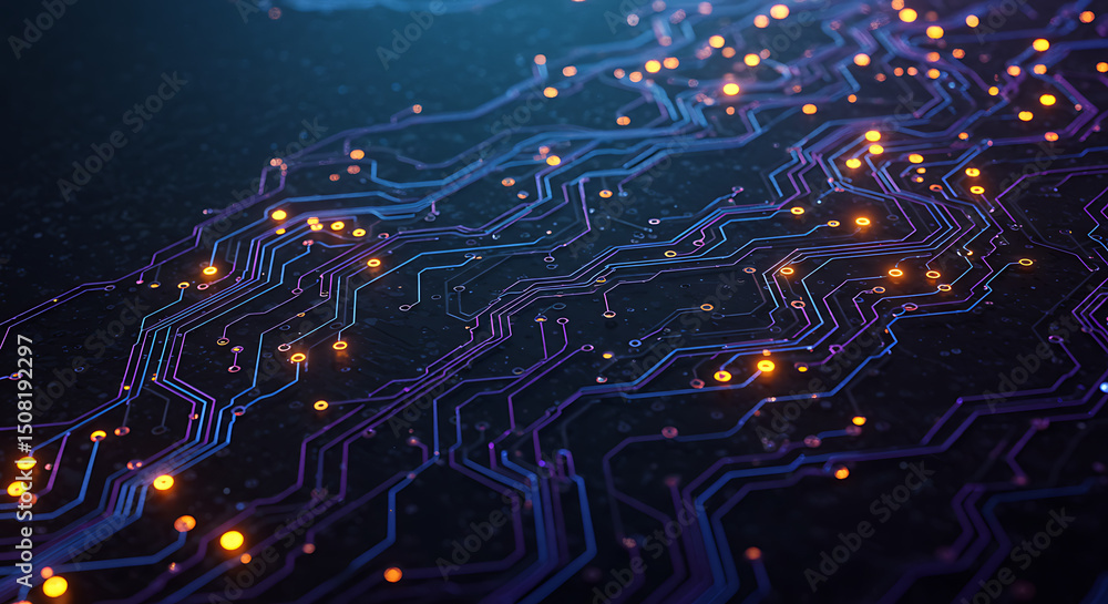 Poster abstract circuit board technology background glowing lines and nodes