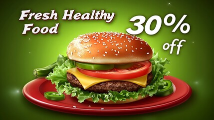 Delicious burger on a red plate, featuring a discount.