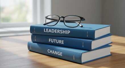 Leadership change future strategy concept with stack of book and eyeglass showing business management vision direction and professional education guidance planning