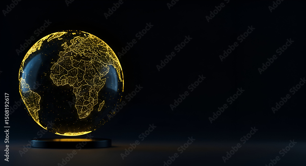 Poster global illuminated globe in a dark setting. displayed standing on a dark base with glowing national 