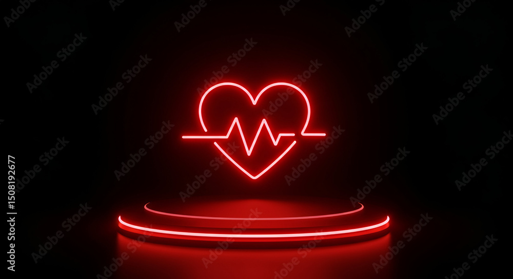 Poster neon heart with heartbeat graphic on a dark background with glowing platform. abstract design of a h