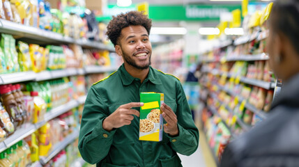 Enthusiastic supermarket consultant engages with customer in cereal aisle