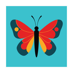 Colorful flat design butterfly with red orange and dark blue wing details on blue background
