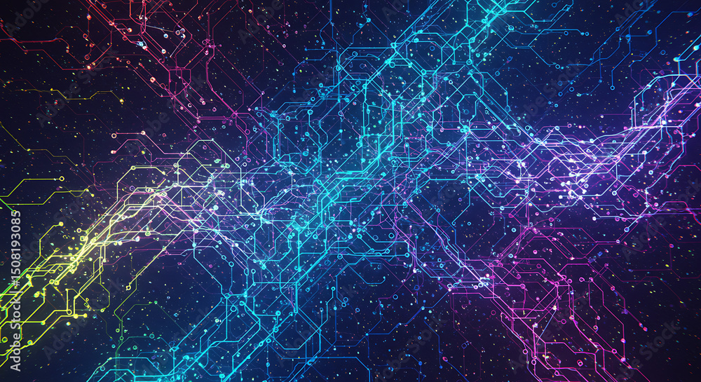 Poster abstract digital circuit board background glowing neon lines and nodes