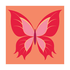 Colorful illustration of a stylized butterfly in shades of red and pink on orange background