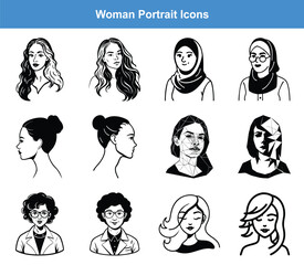 Woman Portrait Icons – Diverse Female Avatar Vector Set for Profiles, Branding, and Design Projects