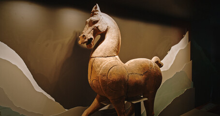 Chengdu, Sichuan, China. Pottery Horse. Of Three Kingdoms Period. Wuhou Memorial Temple Known As Memorial Temple Of Marquis Wu. Ancient Clay Sculpture Horse