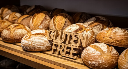 Bread gluten free fresh loaves displayed on wooden shelf