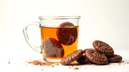 Chocolate cookies dipping in tea cup