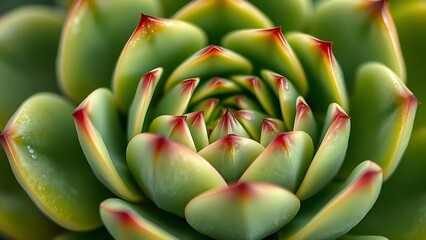 Fototapeta premium A mesmerizing close-up reveals the intricate details of a succulent plant, showcasing its vibrant green leaves with delicate red edges, a stunning example of botanical beauty and natural artistry.