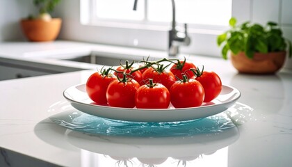 Red tomatoes in a plate with water 