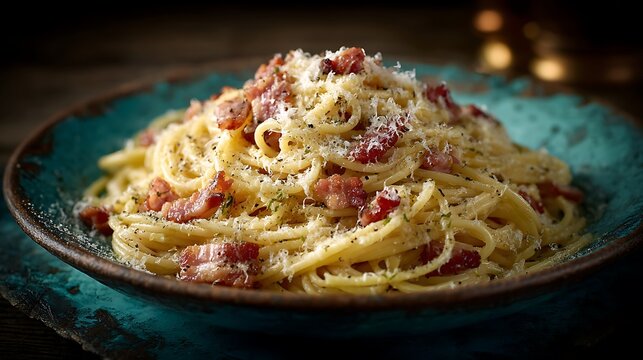 Classic spaghetti carbonara served in rustic dish. - Powered by Adobe