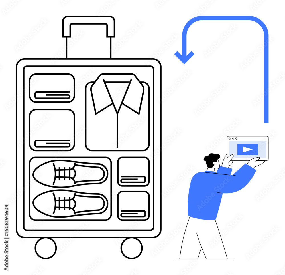 Poster packed suitcase with neatly arranged items, man holding video tutorial for travel tips. ideal for tr