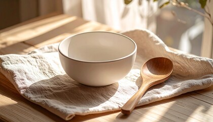 陶器のプレートと木製カトラリーのナチュラルな食卓風景A natural dining table setting with ceramic plates and wooden cutlery