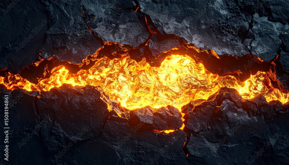Aufkleber Molten lava flows from the crack in black rock creating a fiery display.