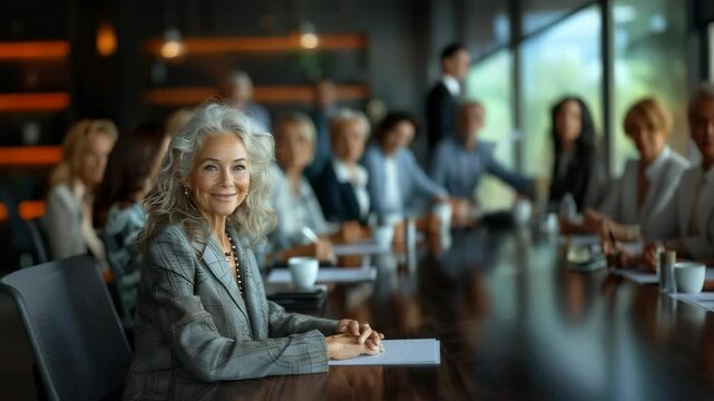 An inspiring elderly woman conducts a boardroom meeting with poise and confidence, captivating her attentive colleagues who are eager to engage in the discussion