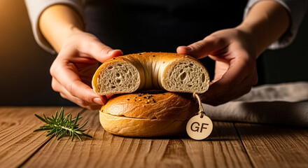 Bagel gluten-free split displayed on a wooden table with rosemary garnish