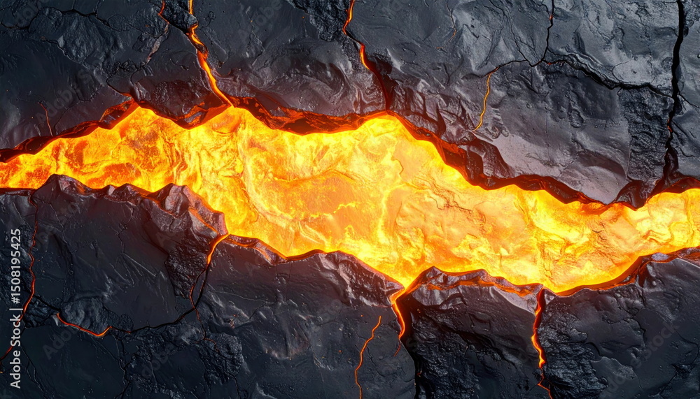 Poster molten lava flows through cracks in dark volcanic rock background image.