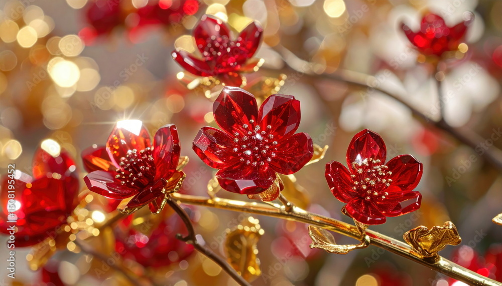 Aufkleber red crystal flowers sparkle on a golden branch with bokeh background art.