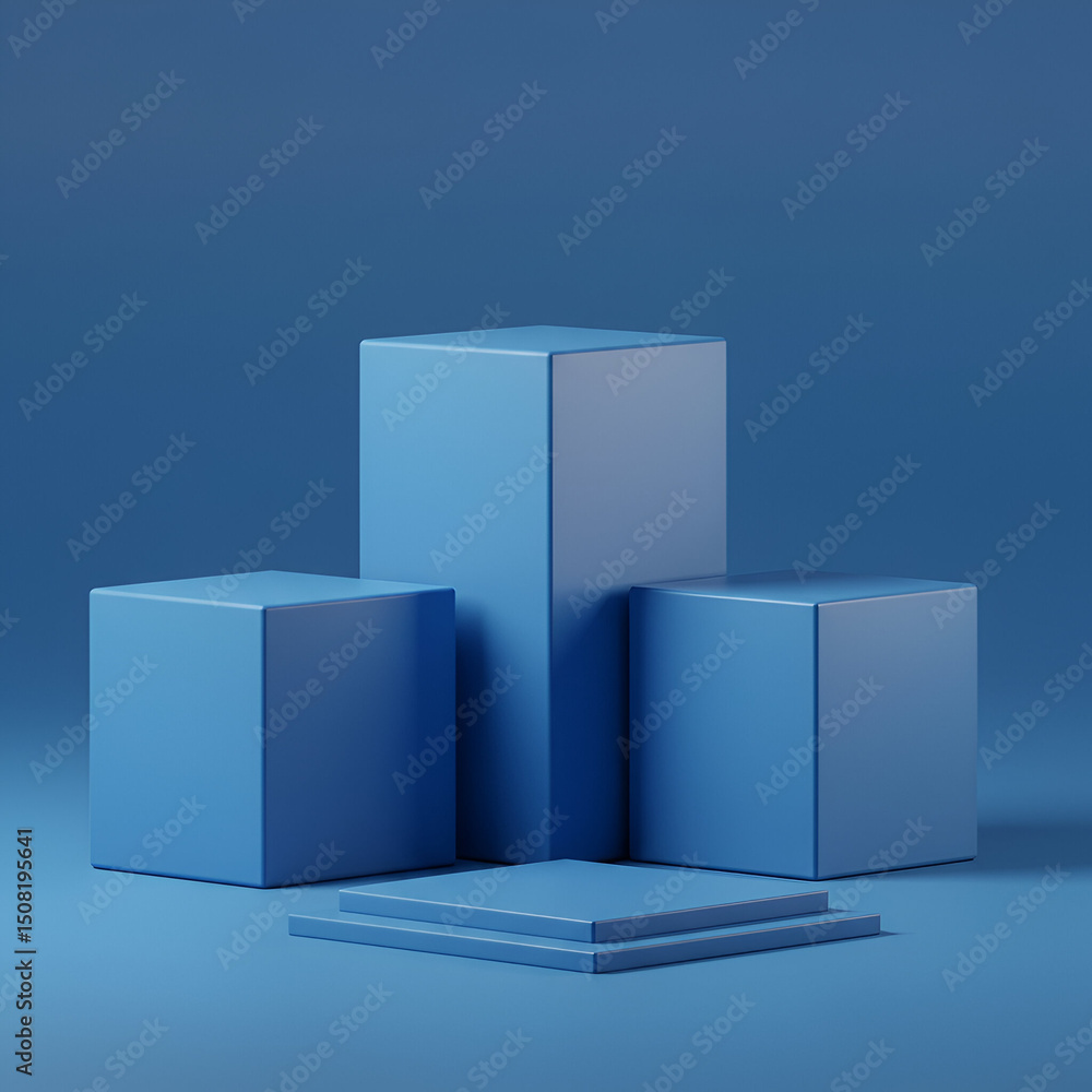Poster geometric blue cube display podiums in a studio setting. modern presentation platform for product sh