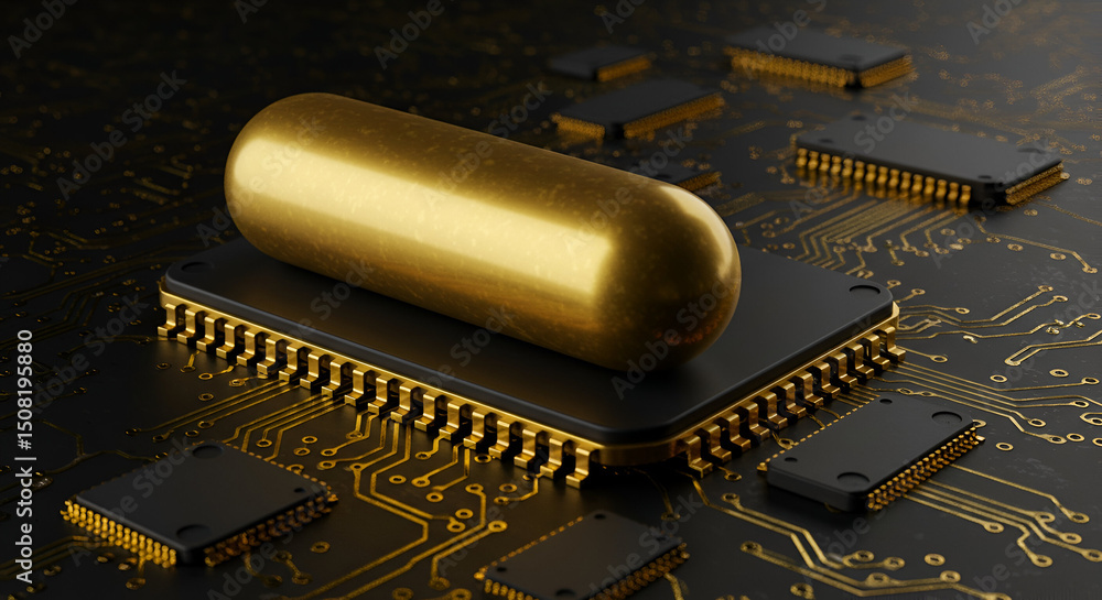 Aufkleber detailed close-up of a golden capsule-shaped component resting atop a high-tech circuit board. ideal