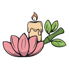 Lotus flower, candle and bamboo branch. Spa treatments. Vector illustration for sticker, print, icon. Simple hand drawn image isolated on white background