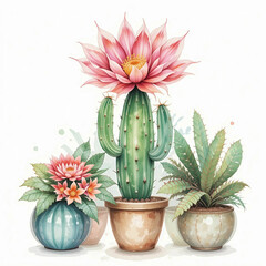 Watercolor clipart featuring houseplants like monstera and cactus, hand-painted with vibrant colors.