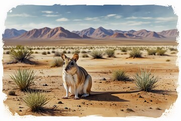 Obraz premium Kangaroo rat with a panoramic desert landscape in watercolor style