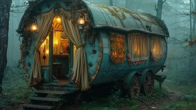 A charming gypsy wagon beckons with its colorful drapes and flickering lanterns in the forest, creating a warm and magical atmosphere amidst the enchanting mist