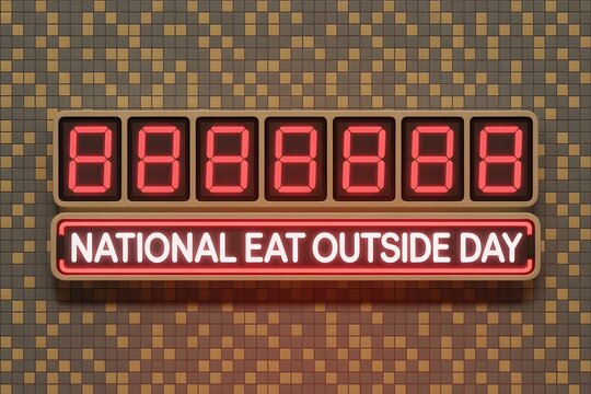Neon Sign Display of National Eat Outside Day on Tiled Wall