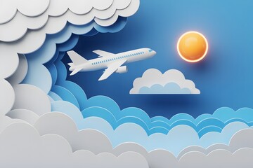 White Plane Flying, Layered Cloudscape, Orange Sun in Blue Sky, 3D Render