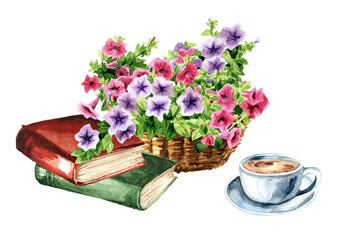 Rustic composition with flowers and old books. Hand drawn watercolor illustration isolated on white background