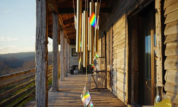 Colorful wind chimes hanging on a rustic porch, with a scenic mountain view in the background