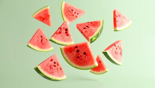 Ripe and juicy watermelon falling in the air isolated on a pastel green background.