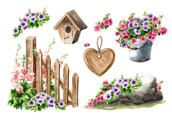 Rustic decor compositions set. Hand drawn watercolor illustration isolated on white background