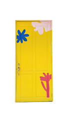 Vibrant Entrance: An eye-level shot of a yellow door adorned with playful, colorful artistic...