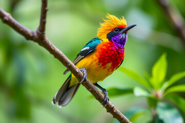 Obraz premium Gorgeous Spangled Cotinga Perched in Nature, Displaying Its Vibrant Blue and Green Plumage in a Serene Tropical Habitat, Vibrant Wallpaper