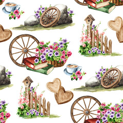 Rustic seamless pattern. Hand drawn watercolor illustration isolated on white background