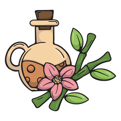Spa cosmetic oil. Bamboo and lotus flower. Vector illustration isolated on white background for sticker, icon, print