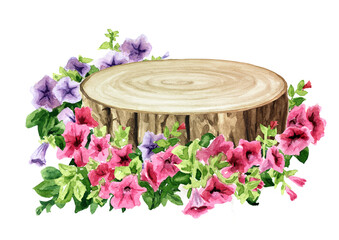 Tree stump, sawn tree surrounded by rustic flowers, as a background for your product. Hand drawn watercolor illustration isolated on white background