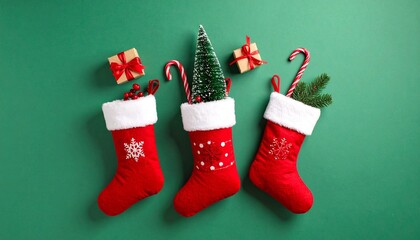 Creative layout made with flying Christmas socks, Santa Claus, pine tree and candy 