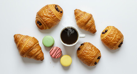 Delicious French Pastries Croissants Pain au Chocolat Macarons with Coffee