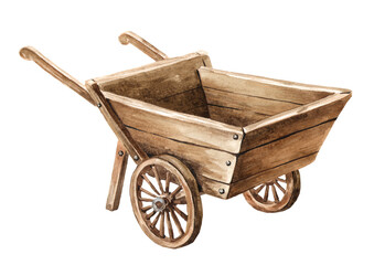 Wooden garden wheelbarrow cart. Hand drawn watercolor illustration, isolated on white background